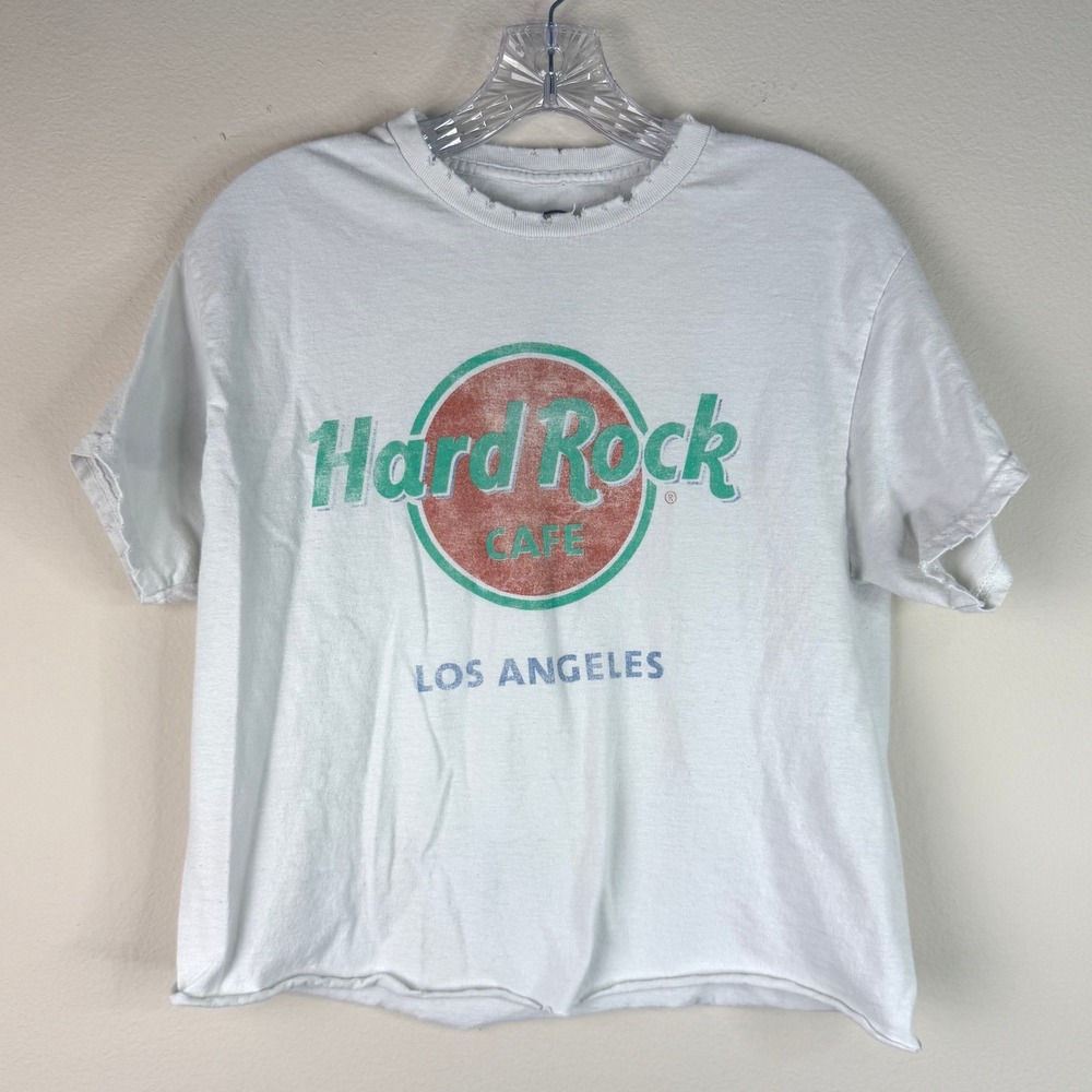Hard Rock Cafe T-Shirt Womens S/M Los Angeles Distressed Graphic Raw Hem White